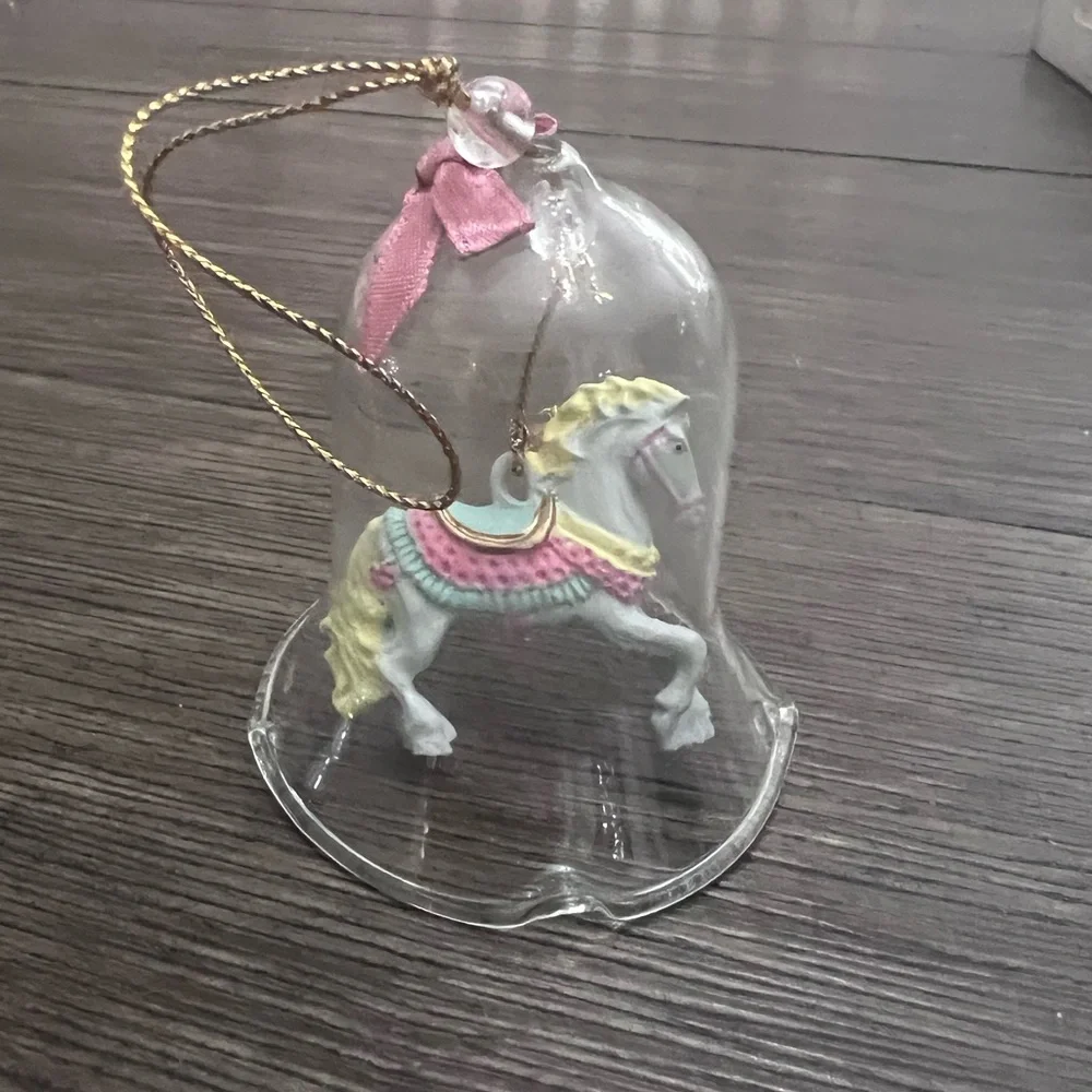 Vintage Carrousel Ornament Crystal Bell Porcelain Bisque Horses in box